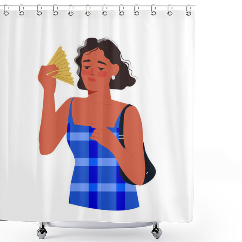 Personality  Sun Burn Person Concept. Woman With Hand Fan. Summer Season And Hot Weather. Sticker For Social Networks And Messengers. Cartoon Flat Vector Illustration Isolated On White Background Shower Curtains