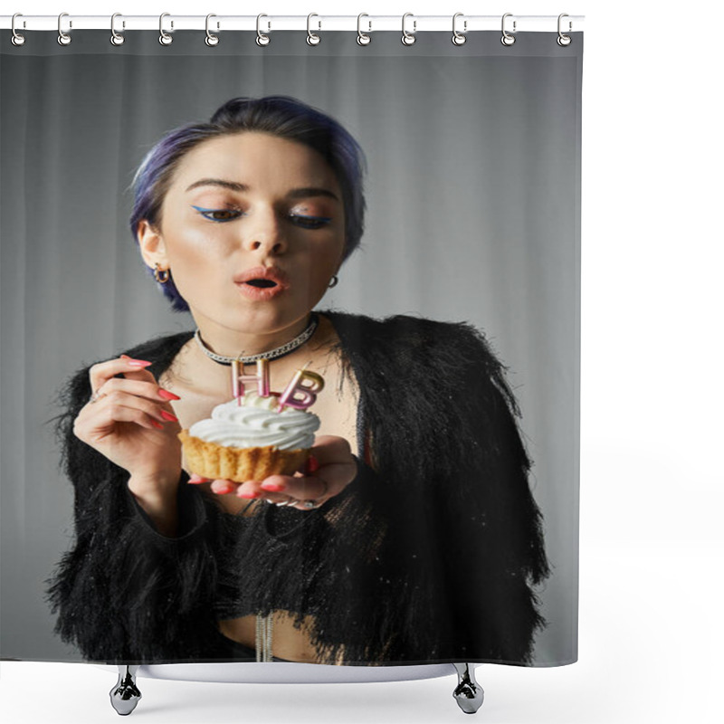 Personality  Young Woman In Fashionable Attire Holding A Cupcake With A Lit Candle, Showcasing A Magical Moment. Shower Curtains