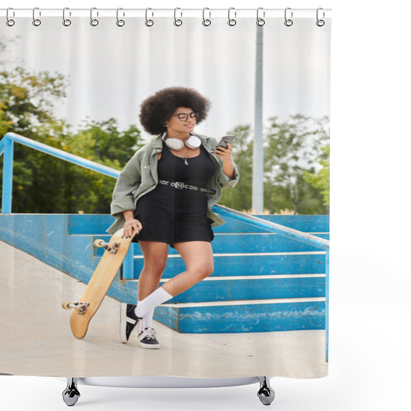 Personality  A Young African American Woman With Curly Hair Holding A Skateboard And A Cell Phone Outdoors In A Skate Park. Shower Curtains