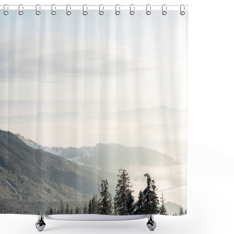 Personality  Scenic View Of Snowy Mountains With Pine Trees In Sunlight Shower Curtains