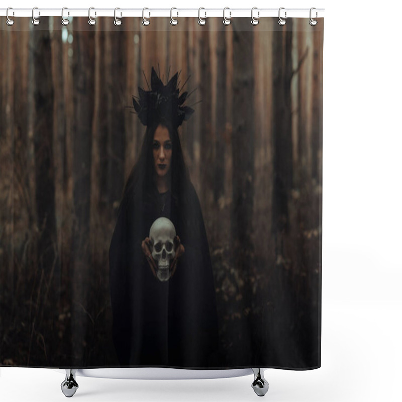 Personality  Black Terrible Witch Holds The Skull Of A Dead Man In Her Hands Shower Curtains