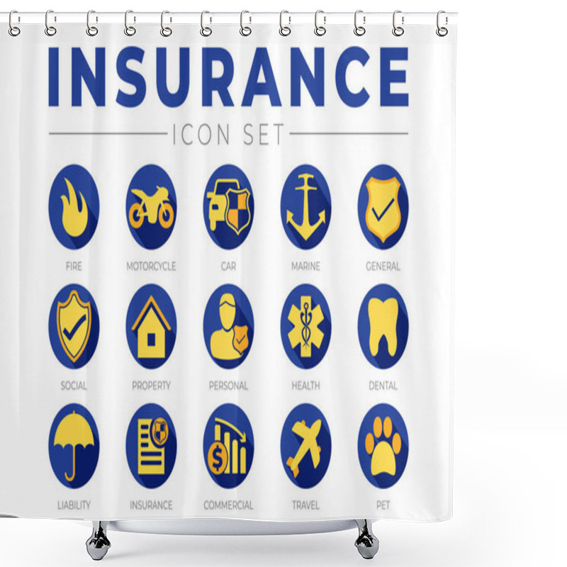 Personality  Blue And Yellow Insurance Icon Set With Car, Property, Fire, Life, Pet, Travel, Dental, Commercial, Health, Marine, Commercial And Liability Insurance Icons Shower Curtains