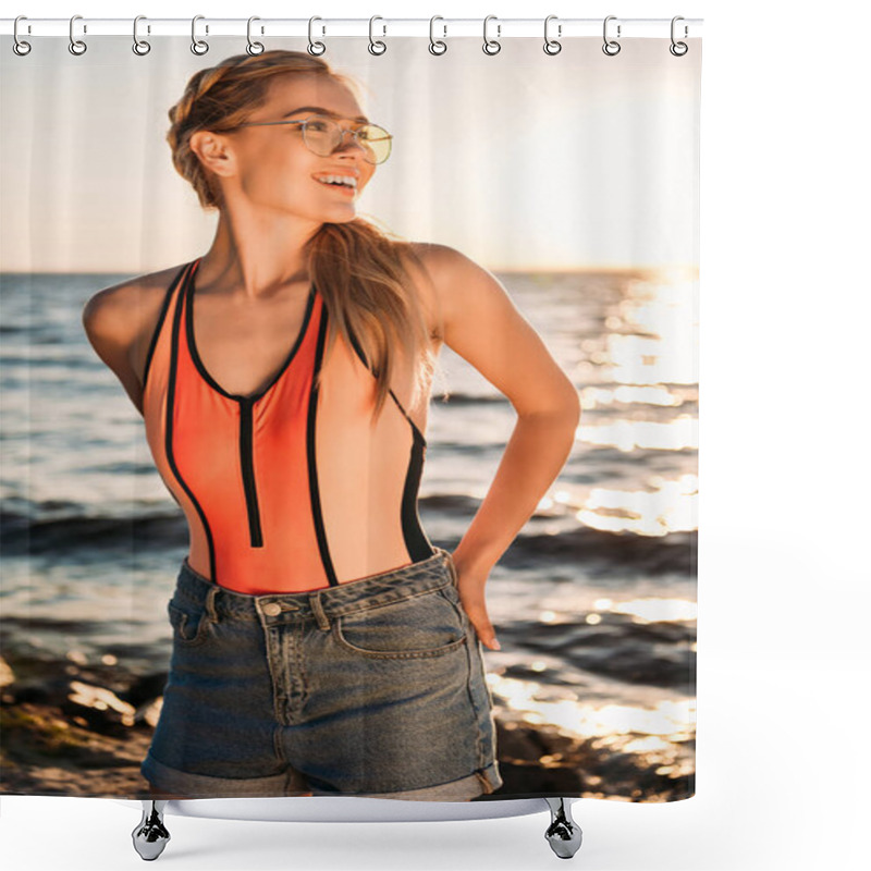 Personality  Beautiful Happy Young Woman In Swimsuit And Denim Shorts Looking Away On Beach At Sunset  Shower Curtains