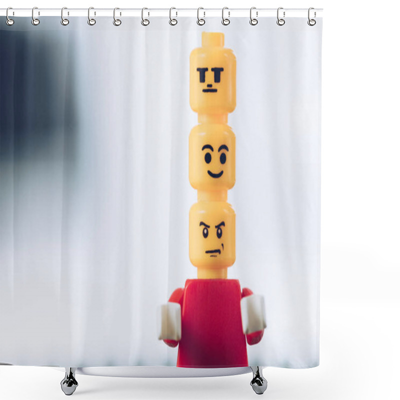 Personality  KYIV, UKRAINE - MARCH 15, 2019: Red Lego Figurine With Indifferent, Smiley And Angry Faces On Heads On White With Copy Space Shower Curtains