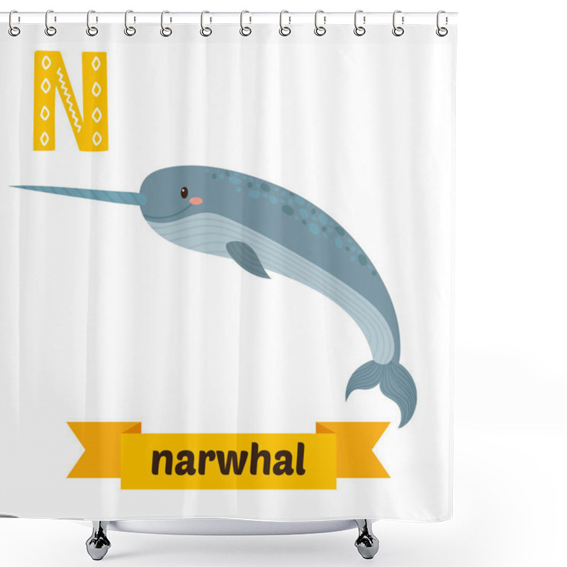 Personality  Narwhal. N Letter. Cute Children Animal Alphabet In Vector. Funn Shower Curtains