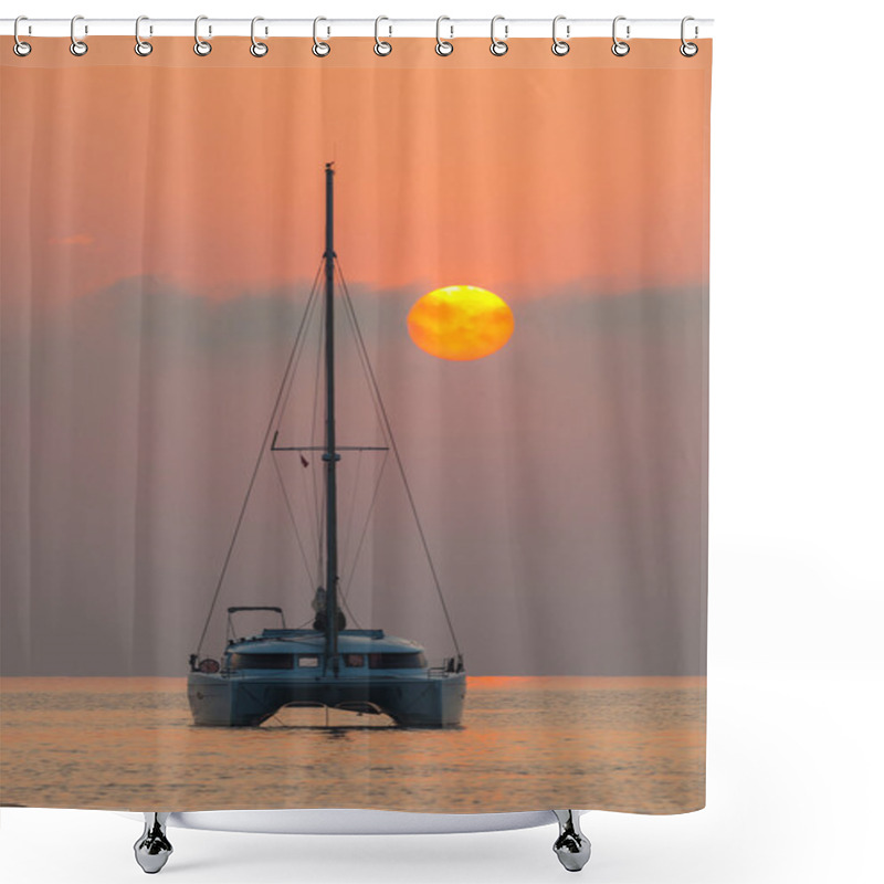 Personality  Beautiful Catamaran Sailing On The Background Of The Sea Sunrise Shower Curtains