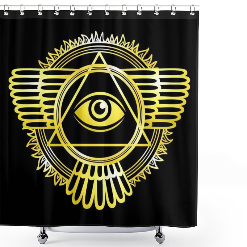 Personality  Esoteric Winged Sign Of A Pyramid. A Gold Silhouette On A Black Background. Disk Of The Sun. Vector Illustration. Shower Curtains