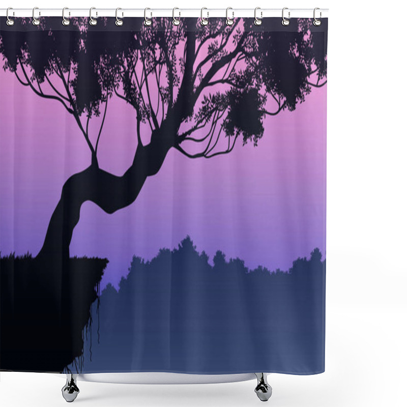 Personality  Natural Forest Mountains Horizon Hills Silhouettes Of Trees. Evening Sunrise And Sunset. Landscape Wallpaper. Illustration Vector Style. Colorful View Background. Shower Curtains