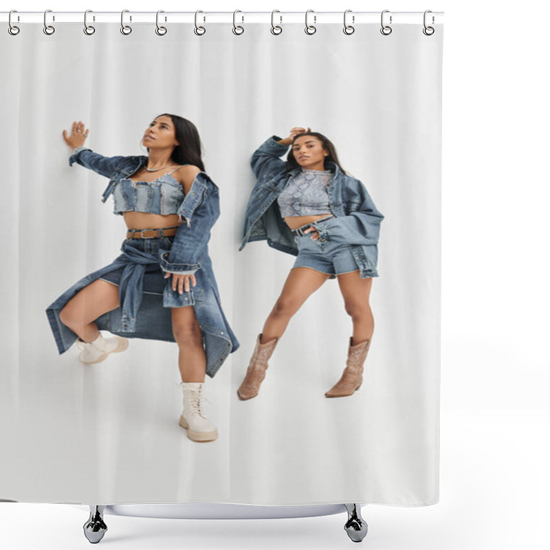 Personality  A Fashion Forward Young Woman Displays Her Stylish Denim Ensemble While Striking Dynamic Poses. Shower Curtains