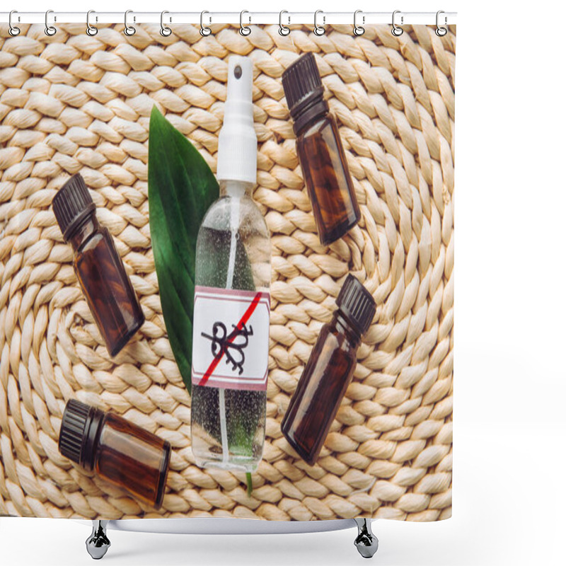 Personality  Homemade Essential Oil Based Mosquito Repellent. Flat Lay View Of Spray Bottle Surrounded By Brown Essential Oil Bottles On Bamboo Mat Background. Shower Curtains