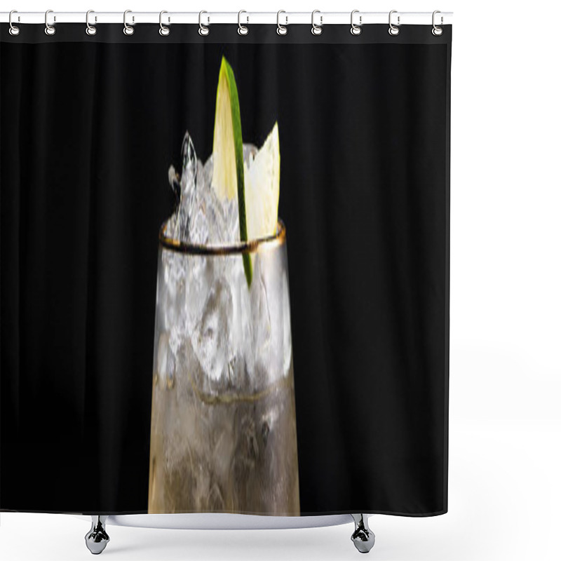 Personality  Transparent Glass With Ice And Golden Liquid Garnished With Lime Isolated On Black, Panoramic Shot Shower Curtains