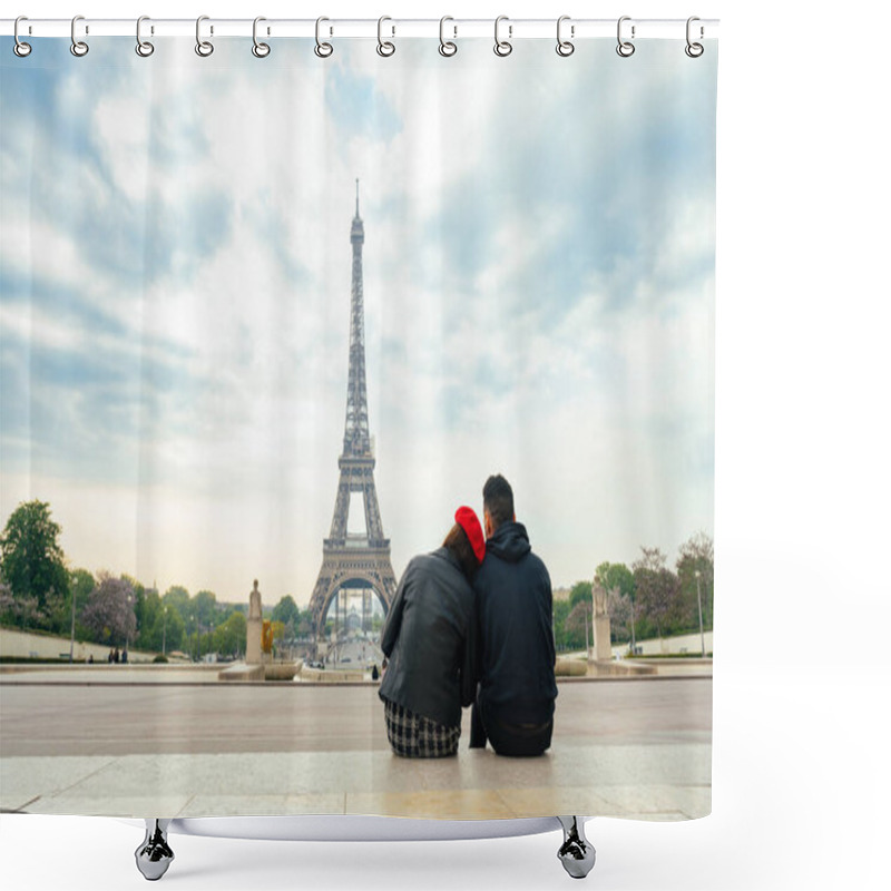 Personality  Cheerful Happy Couple In Love Visiting Paris City Centre And Eiffel Tower . American Tourists Travelling In Europe And Dating Outdoors Shower Curtains