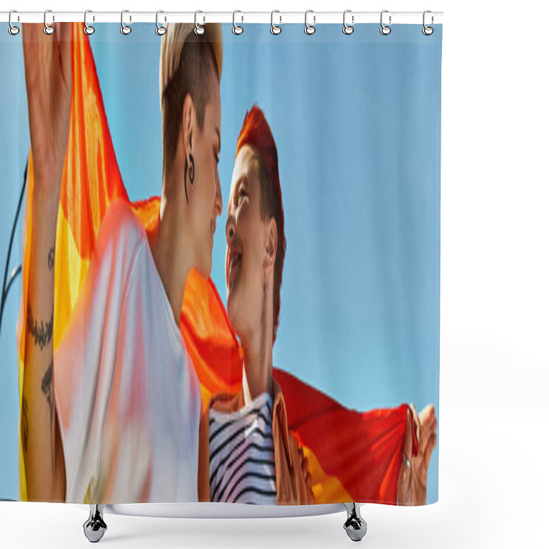 Personality  A Young Couple Proudly Holding A Rainbow Flag Outdoors, Showcasing Support For The LGBTQ Community. Shower Curtains