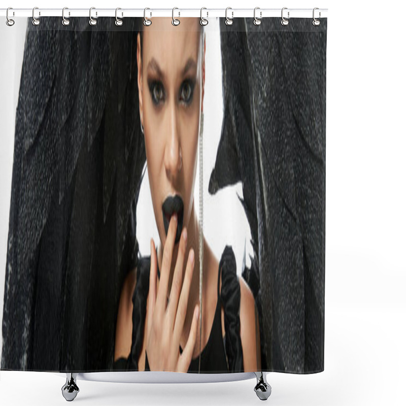 Personality  Portrait Of Seductive Woman In Dark Makeup And Costume Of Black Demon Touching Lips On White, Banner Shower Curtains