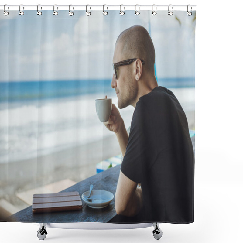 Personality  Young Man With His Morning Cup Of Coffee Looking To The Ocean Vi Shower Curtains