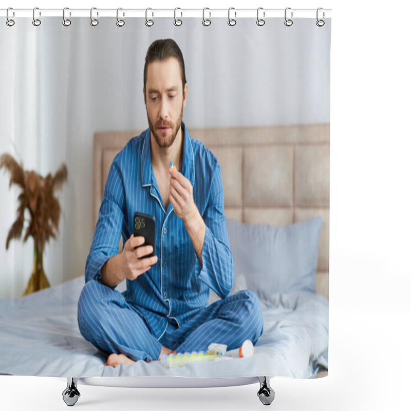 Personality  Man Sitting On Bed, Focused On Cell Phone Screen, Morning Light Illuminating Room. Shower Curtains