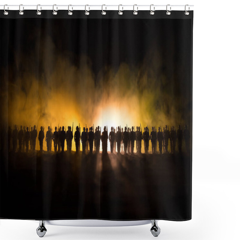 Personality  War Concept. Military Silhouettes Fighting Scene On War Fog Sky Background, World War Soldiers Silhouette Below Cloudy Skyline At Night. German Soldiers In Ranks. Selective Focus Shower Curtains