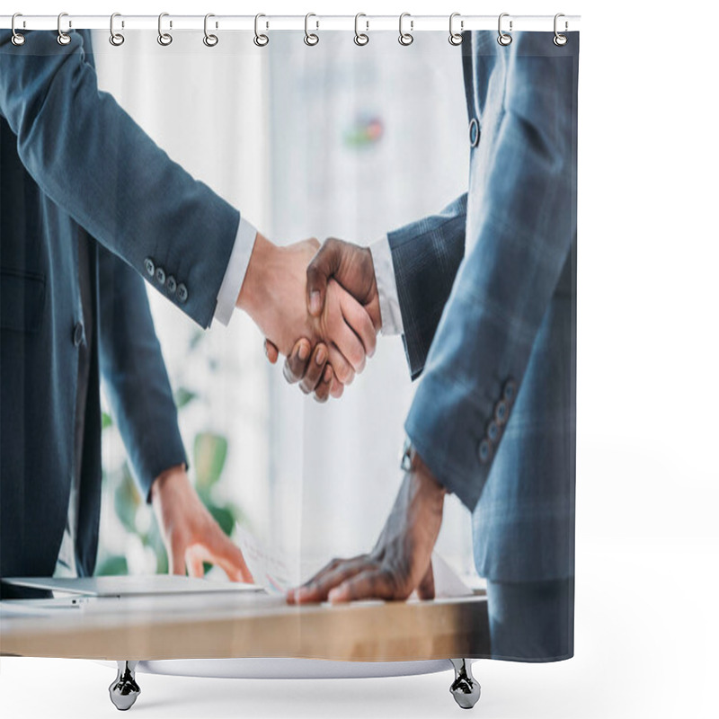 Personality  Cropped Image Of Multiethnic Businessmen Shaking Hands In Office Shower Curtains