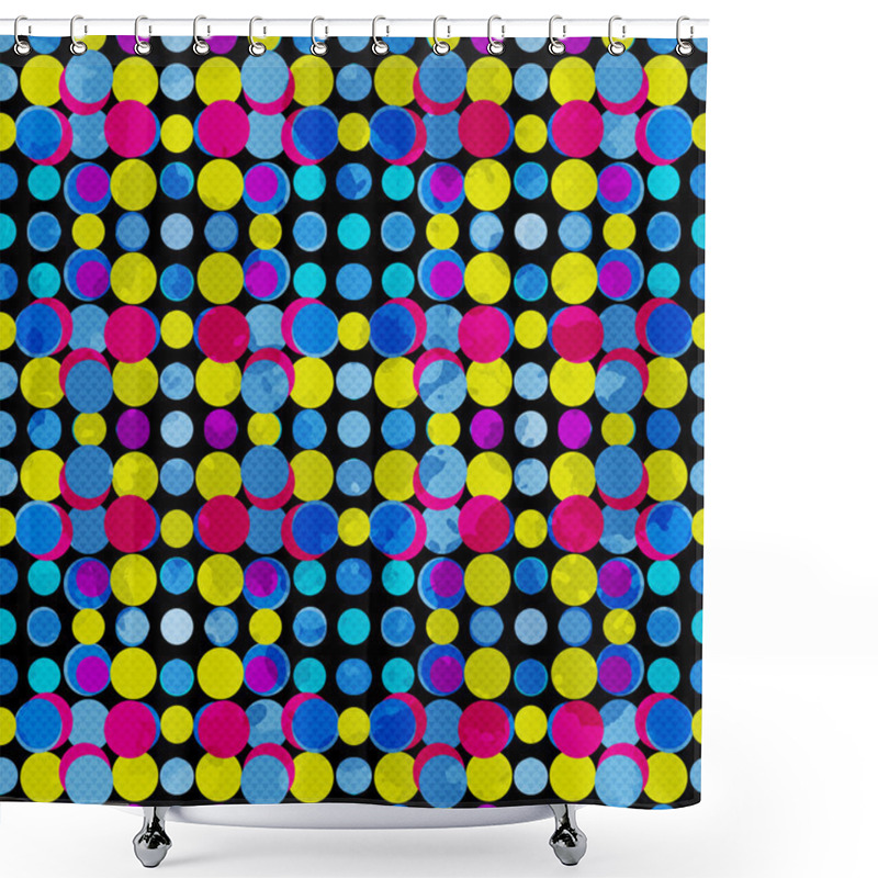 Personality  Psychedelic Circles On A Black Background. Grunge Effect. Vector Illustration. Shower Curtains