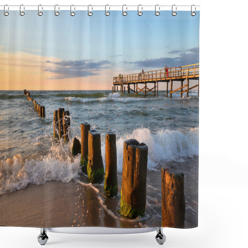 Personality  Wooden Pier And Breakwater During Sunset Over The Baltic Sea, Uniescie, Poland. Shower Curtains