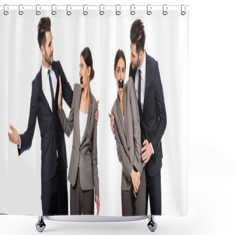 Personality  Collage Of Businesswoman With Scotch Tape On Mouth Showing Stop Sign To Businessman Isolated On White Shower Curtains