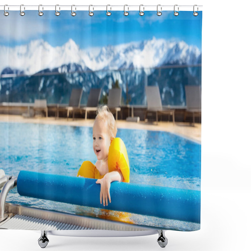 Personality  Child In Outdoor Swimming Pool Of Alpine Resort Shower Curtains