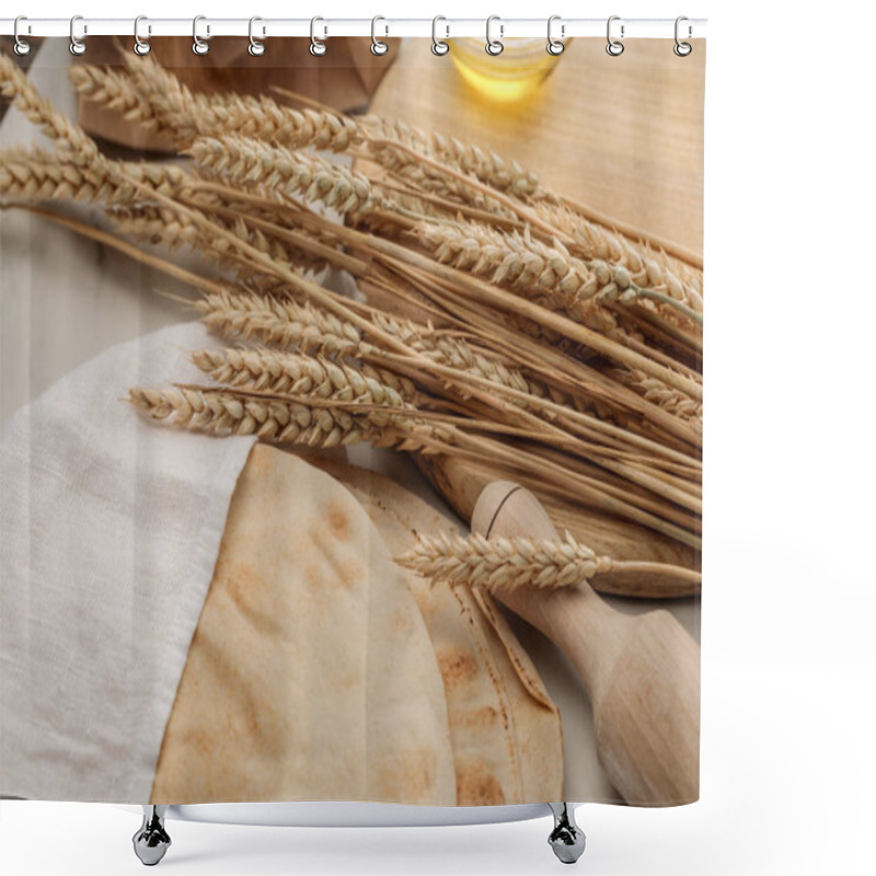 Personality  Lavash Bread Covered With White Towel Near Rolling Pin And Cutting Board With Spikes And Oil On Marble Surface Shower Curtains