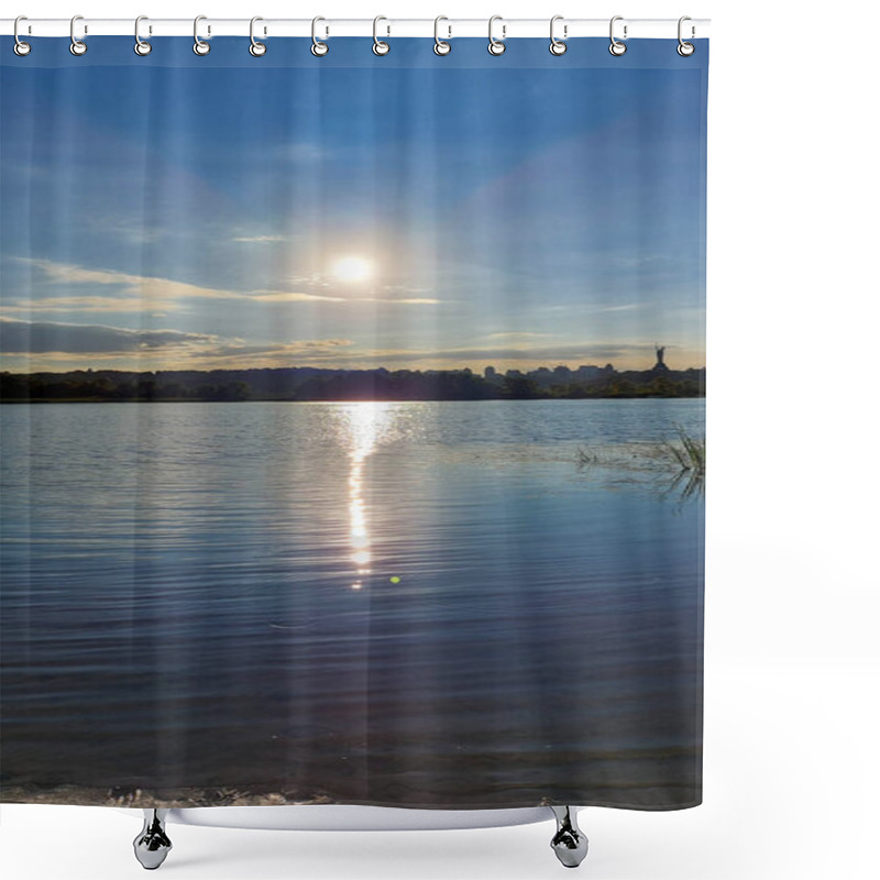 Personality  Golden Sunset Reflecting On The Calm Waters Of The Dnipro River, With The Kyiv Skyline And Motherland Monument In The Distance Shower Curtains