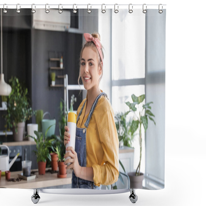 Personality  Young Woman With Air Freshener At Home Shower Curtains