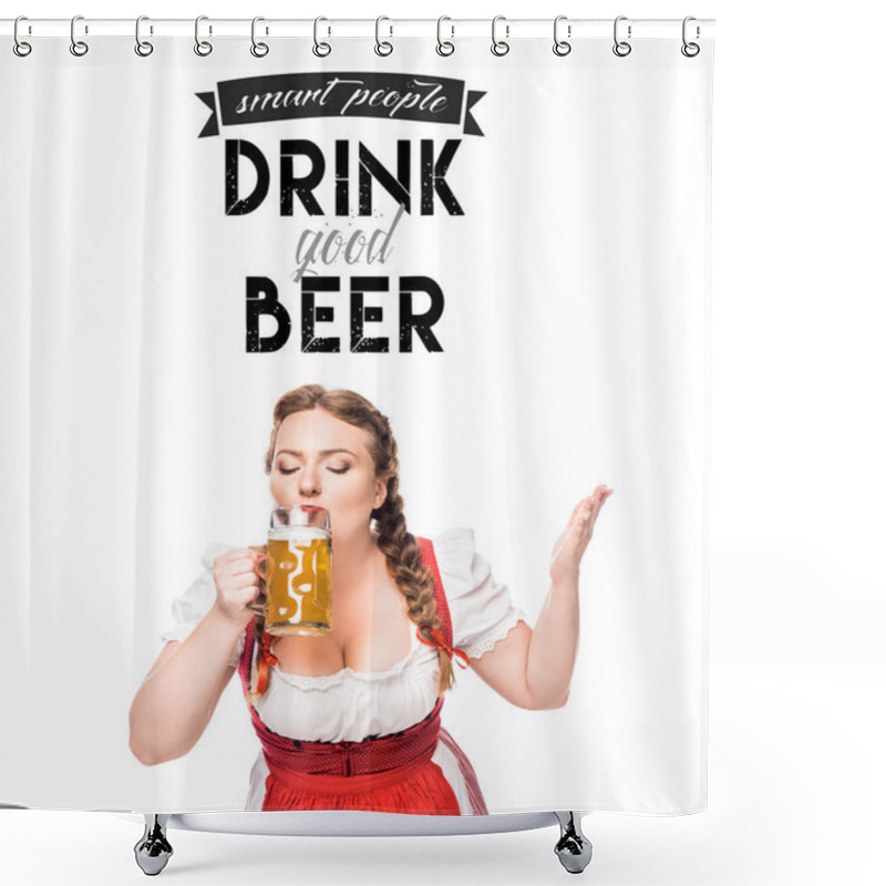 Personality  Oktoberfest Waitress In Traditional Bavarian Dress Drinking Light Beer Isolated On White Background With 