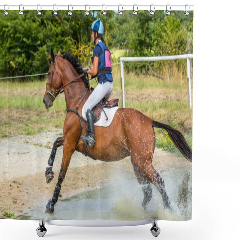 Personality  Saint Cyr Du Doret, France - July 29, 2016: Rider Crossing Water Jump Galloping At A Cross Country Manisfestation Shower Curtains