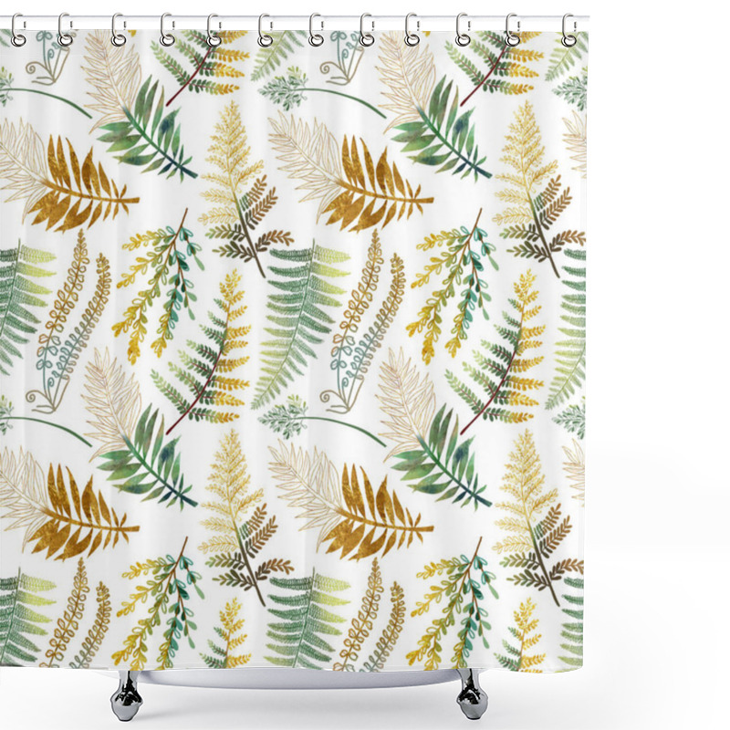 Personality  Seamless Pattern With Hand Drawn Green And Golden Fern Branches And Leaves On White Background, Tropical Forest Plants Background Shower Curtains