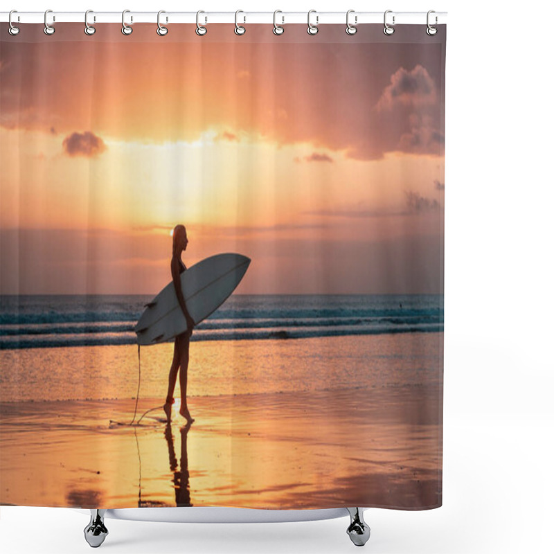 Personality  Portrait Of Surfer Girl With Beautiful Body On The Beach With Surfboard At Colourful Sunset Time In Bali Shower Curtains