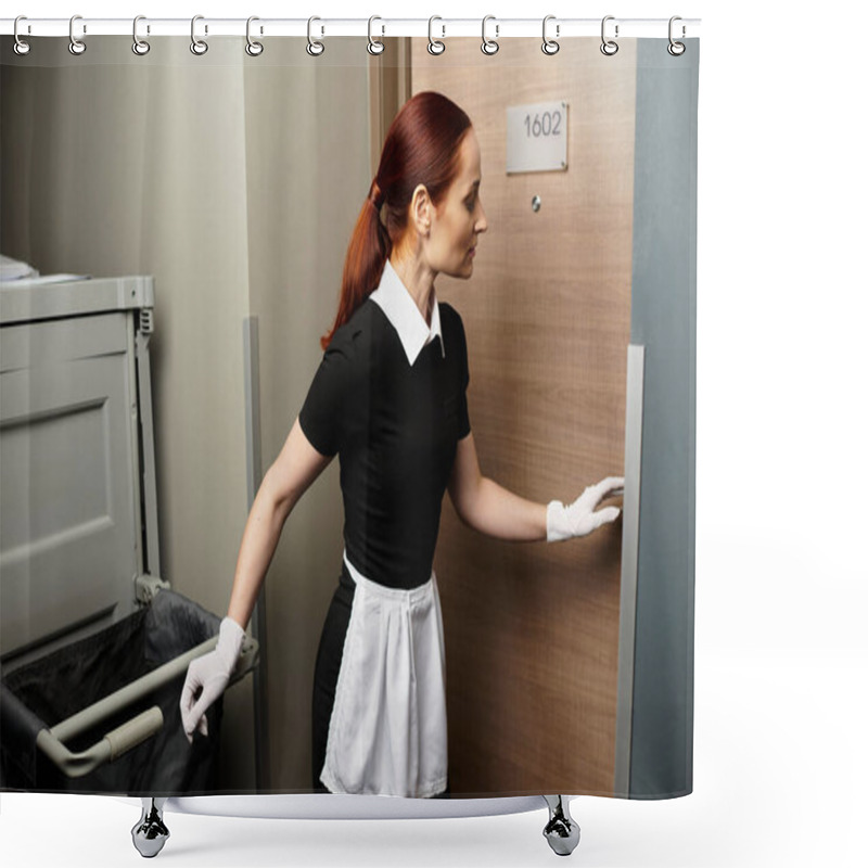 Personality  A Beautiful Young Woman Approaches A Hotel Door To Carry Out Her Cleaning Tasks With Focus. Shower Curtains