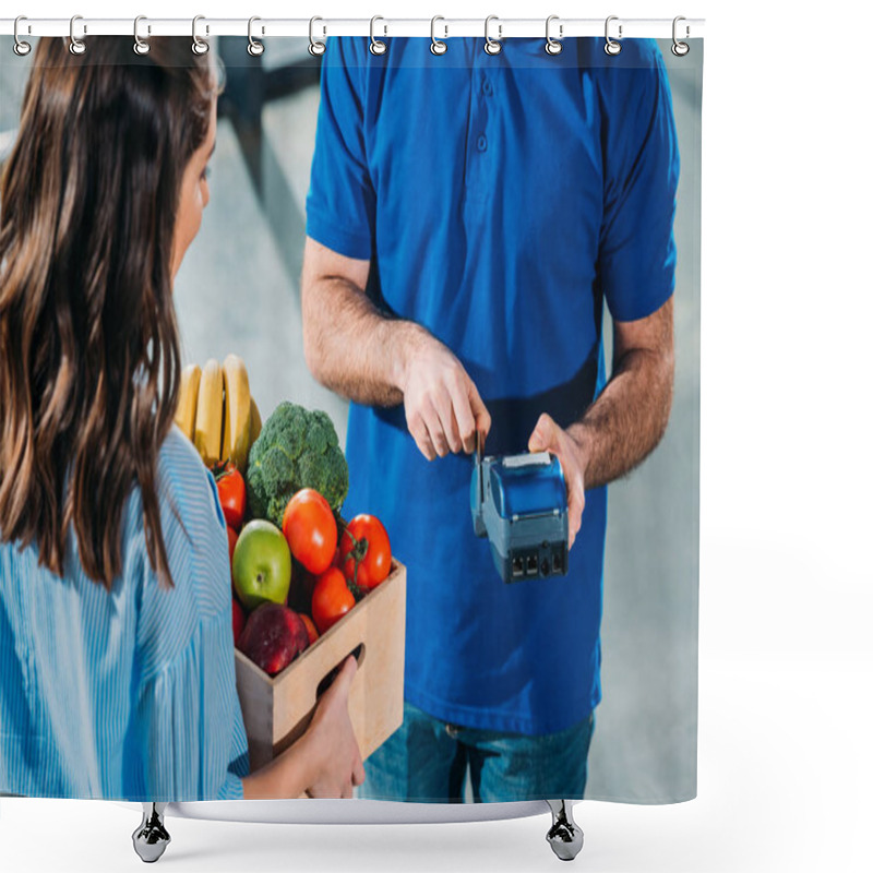 Personality  Courier Adjusting Payment Terminal While Woman Holding Groceries In Box Shower Curtains