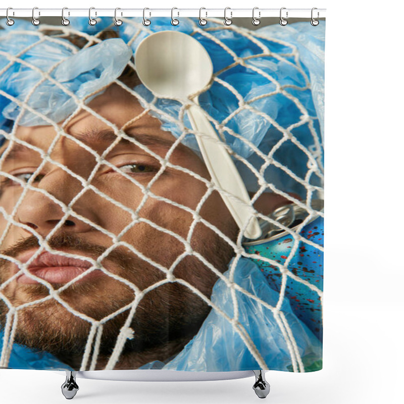 Personality  A Man's Face Is Partially Obscured By A Net Of Plastic Bags And A Plastic Spoon. Shower Curtains