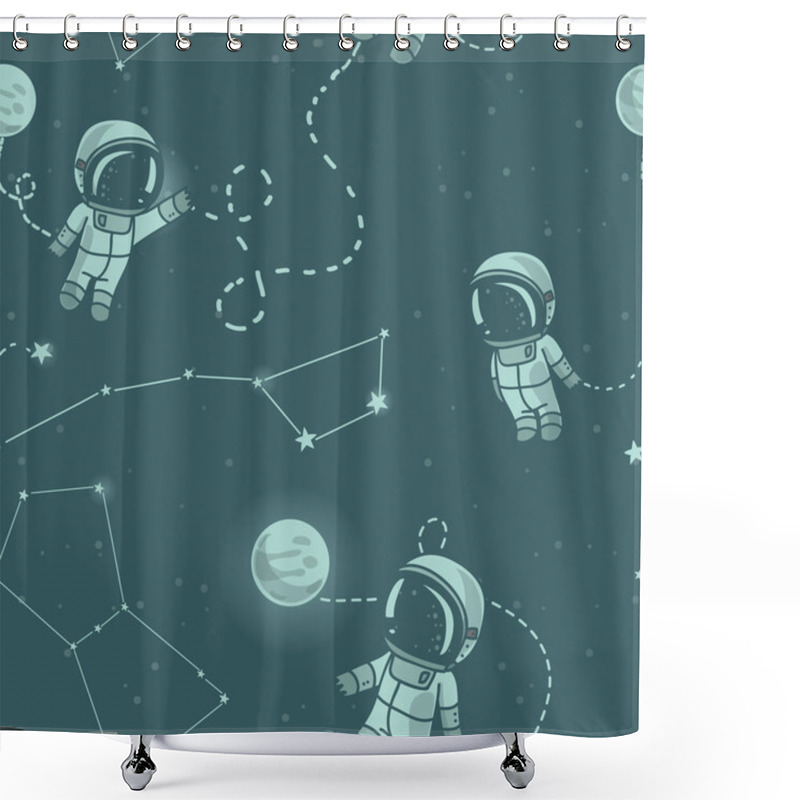 Personality  Cosmic Seamless Pattern, Cute Doodle Astronauts Floating In Space Shower Curtains