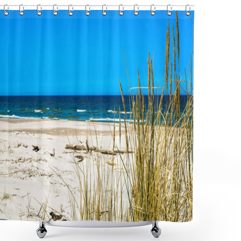 Personality  Sand Dunes With Grass And Deserted Sandy Beach Under Blue Sky, Summer Vacation, Travel Background Shower Curtains