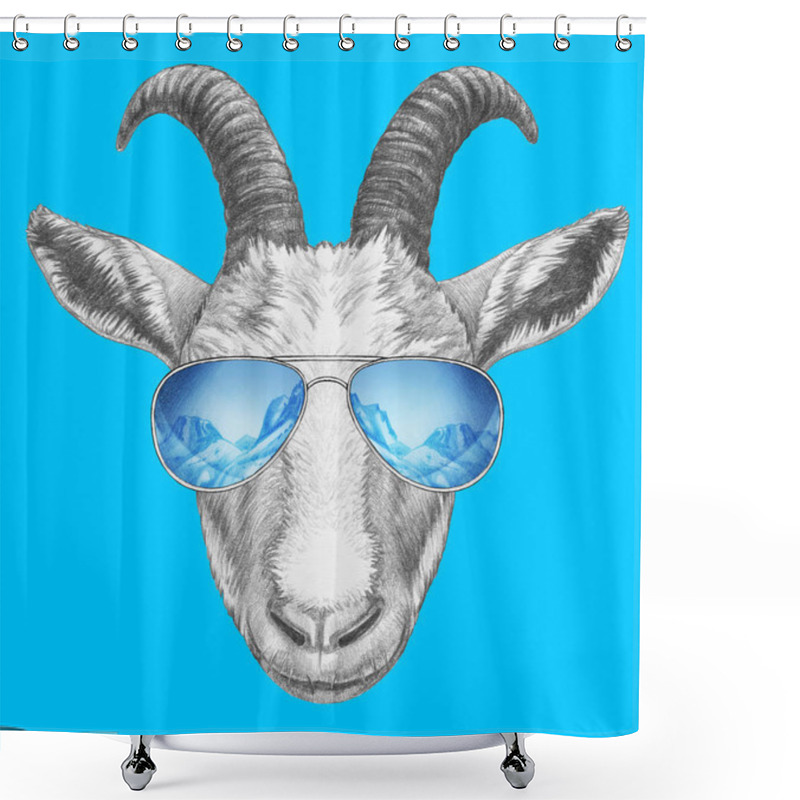 Personality  Funny Sketch Portrait Of Goat In Aviator Sunglasses With Reflection Of Mountains On Blue Shower Curtains