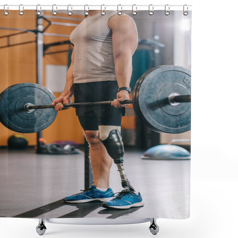 Personality  Cropped Shot Of Muscular Sportsman With Artificial Leg Working Out With Barbell At Gym Shower Curtains