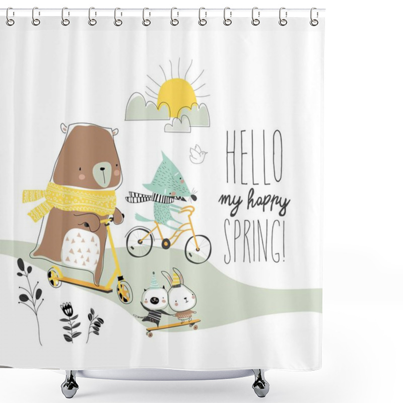 Personality  Happy Animals Doing Sport In Spring Forest Shower Curtains