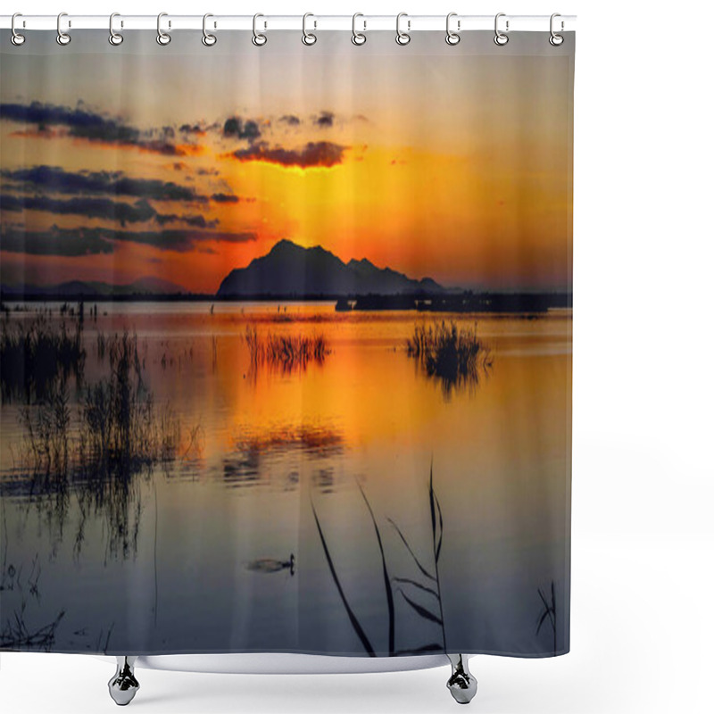 Personality  Sunset In The El Hondo De Elche Natural Park In Elche-Crevillent, Alicante, Spain. Shower Curtains