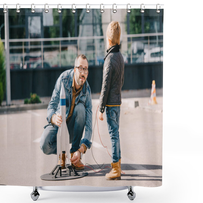 Personality  Father And Son Launching Model Rocket Together Outdoor  Shower Curtains