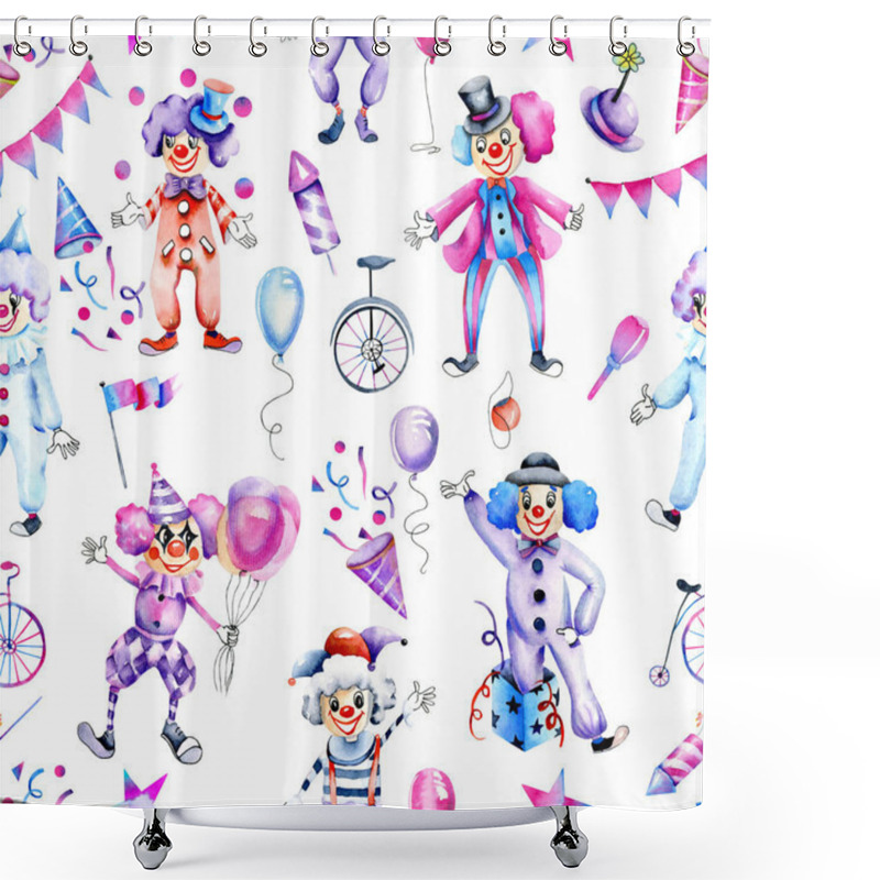 Personality  Watercolor Circus Clowns And Different Festive Elements Seamless Pattern, Hand Painted On A White Background Shower Curtains