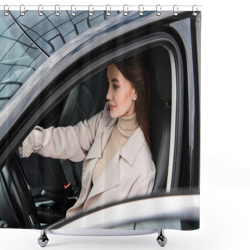 Personality  Pretty Young Woman Sitting In Car At Steering Wheel Shower Curtains