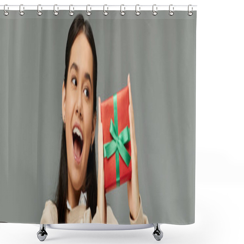 Personality  A Young Woman Expresses Excitement While Showcasing A Vibrant Gift With A Big Smile. Shower Curtains