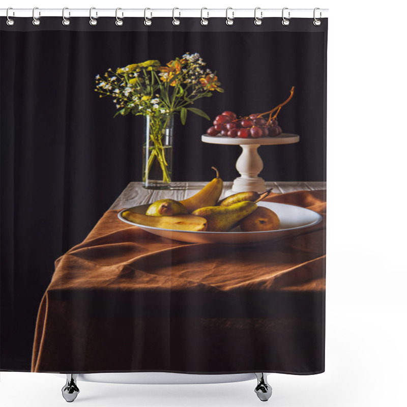 Personality  Plate Of Pears And Stand With Grapes And Vase Of Flowers On Table On Black Shower Curtains