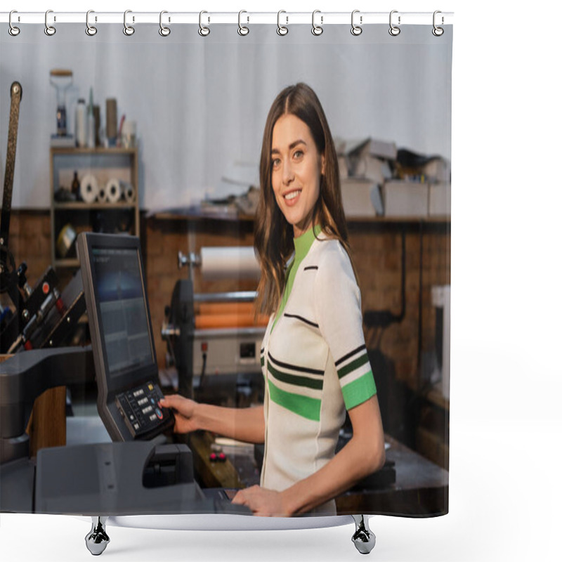 Personality  Cheerful Publisher Pressing Button On Panel While Working In Print Center  Shower Curtains