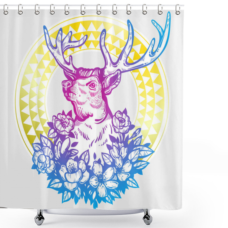 Personality  Hand Drawn Realistic Deer Surrounded By Flowers And Tribal Geometric Ornament. Beautiful Highly Detailed Vector Artwork Isolated On Colorful Background. Elegant Tattoo Design, Love And Freedom Symbol. Shower Curtains