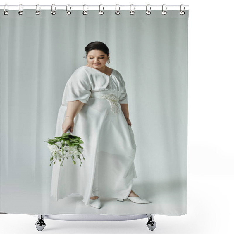 Personality  A Stunning Plus Size Bride Gracefully Holds Her Bouquet, Showcasing Elegance In A Flowing White Dress. Shower Curtains